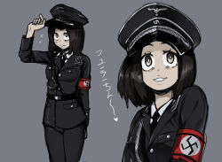 Rule 34 | 1girl, black hair, black jacket, black pants, blush, collar tabs, hat, hat ornament, highres, insignia, jacket, kill-chan, medium hair, military, military dress uniform, military hat, military uniform, nazi, necktie, original, pants, peaked cap, reichsadler, saki (c ybrbnby), shirt, short hair, skull hat ornament, smile, totenkopf, world war ii