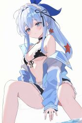 1girl absurdres ahoge anchor_(innocent_maid)_(nikke) anchor_(nikke) bare_shoulders bikini black_bikini black_choker black_ribbon black_skirt blue_jacket breasts choker commentary_request frilled_bikini frills front-tie_bikini_top front-tie_top frown goddess_of_victory:_nikke hair_intakes hair_ribbon high_ponytail highres jacket long_hair looking_ahead maid_headdress miniskirt off_shoulder official_alternate_costume open_clothes open_jacket parted_lips ponytail ribbon simple_background skirt small_breasts solo starfish_hair_ornament string_bikini swimsuit szkure. white_background