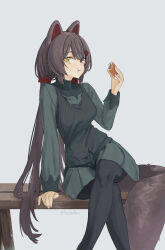 1girl :t animal_ears arm_support bench black_pantyhose breasts brown_hair brown_tail closed_mouth commentary_request crossed_legs dog_ears dog_girl dog_tail dress eating feet_out_of_frame flower food green_dress green_tank_top grey_background hair_flower hair_ornament hair_scrunchie hand_up heterochromia highres holding holding_food inui_toko leaning_to_the_side lips long_hair long_sleeves looking_at_viewer low_twintails medium_breasts nijisanji on_bench page_of_lambda pantyhose pleated_dress red_eyes red_scrunchie scrunchie short_dress simple_background sitting siusiuvan sleeve_cuffs solo tail tank_top twintails twitter_username very_long_hair virtual_youtuber wooden_bench yellow_eyes