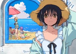Rule 34 | 22/7, 4girls, beach, black hair, blonde hair, blue sky, breasts, brown eyes, casual one-piece swimsuit, character request, cloud, hat, horizon, long hair, looking at viewer, multiple girls, ocean, official art, one-piece swimsuit, purple hair, short hair, sky, small breasts, smile, solo focus, sun hat, sunlight, swimsuit, takigawa miu, white one-piece swimsuit