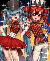 2girls belt black_hat black_shirt blue_eyes blue_hair blue_shirt candycookiechocolate_(vocaloid) double-parted_bangs drill_hair hair_between_eyes hand_on_own_hip hand_up hat hatsune_miku index_finger_raised kakosa_sama kasane_teto kepi long_hair long_sleeves making-of_available military_hat multicolored_shirt multiple_girls open_mouth pants pinstripe_pattern red_hair red_shirt red_skirt shirt shoulder_boards skirt sleeveless sleeveless_shirt three-quarter_sleeves tongue twin_drills twintails utau very_long_hair vocaloid white_hat white_pants white_wrist_cuffs wrist_cuffs yellow_background