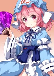 1girl blue_hat blue_kimono blue_neckwear blue_ribbon blue_sash center_frills closed_mouth folding_fan frills gradient_background hand_fan hat highres holding holding_fan japanese_clothes kimono long_sleeves looking_at_viewer medium_hair mob_cap pink_eyes pink_hair ribbon ribbon-trimmed_sleeves ribbon_trim ruu_(tksymkw) saigyouji_yuyuko saigyouji_yuyuko&#039;s_fan_design sash smile solo spiral standing tassel touhou triangular_headpiece wide_sleeves