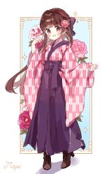 1girl absurdres block_heels blue_background blunt_sidelocks blush_stickers border bow brown_hair brown_shoes choppy_bangs commentary commentary_request commission english_commentary floating_hair floral_background flower full_body grey_border hair_bow hair_flower hair_ornament hakama half_updo highres hime_cut japanese_clothes kimono long_hair long_sleeves looking_at_viewer mixed-language_commentary napo_(napo_illust) open_mouth original ornate_border outside_border pink_flower pink_kimono print_kimono purple_bow purple_hakama red_eyes shoes sidelocks single_hair_intake skeb_commission smile solo sparkle standing straight_hair very_long_hair wide_sleeves