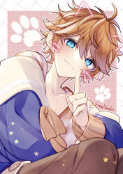 1boy absurdres ahoge akehoshi_subaru aqua_eyes blue_jacket closed_mouth drawn_ears drawn_whiskers ensemble_stars! hair_between_eyes highres index_finger_raised jacket kirahoshi_enst long_sleeves looking_at_viewer male_focus open_clothes open_jacket orange_hair paw_print short_hair smile solo