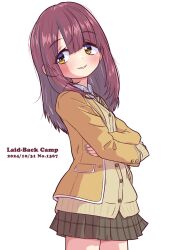 1girl black_skirt blush brown_eyes buttons cardigan cardigan_under_jacket copyright_name dated grey_cardigan grin highres jacket jagi_(jagi_souken) lapels miniskirt necktie open_clothes open_jacket purple_hair simple_background skirt smile solo tareme toki_ayano white_background yurucamp