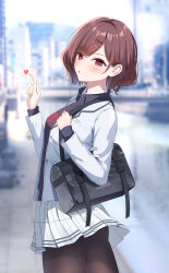 1girl ass bag black_pantyhose black_shirt blurry blurry_background brown_hair finger_heart grey_jacket grey_skirt heart highres higuchi_madoka holding holding_bag idolmaster idolmaster_shiny_colors jacket kukeylove looking_at_viewer mole mole_under_eye outdoors pantyhose pleated_skirt red_eyes school_uniform shirt skirt solo