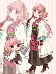 1girl :d :o black_boots blush_stickers boots brown_hakama chibi commentary_request full_body gloves green_ribbon green_sash hair_ribbon hakama hakama_skirt high_heel_boots high_heels highres japanese_clothes kimono lace-up_boots long_hair long_sleeves looking_at_viewer multiple_views notamaru_2 obi open_mouth original pink_background pink_hair pink_kimono red_eyes red_gloves ribbon sash skirt smile striped_background twitter_username wide_sleeves zoom_layer