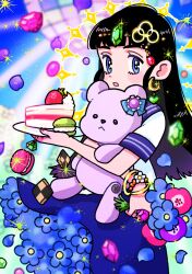 Rule 34 | 1girl, black hair, blue eyes, blue flower, blue skirt, blush stickers, bracelet, cake, cake slice, checkerboard cookie, cookie, disco ball, earrings, flower, food, forehead jewel, fruit, fujishima moyu, gem, green gemstone, highres, holding, holding plate, holding stuffed toy, jewelry, macaron, original, parted lips, plate, school uniform, shirt, short sleeves, skirt, strawberry, stuffed animal, stuffed toy, teddy bear, white shirt
