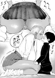 1boy 1girl age_difference animal_print ass assertive_female blush breasts dark-skinned_female dark_skin french_kiss greyscale gyaru hetero highres huge_breasts kiss kogal leopard_print long_hair looking_at_another loose_socks mole mole_on_ass mole_under_eye monochrome nagisamade onee-shota original panties pleated_skirt school_uniform seiza sitting skirt socks sweat thick_thighs thighs thong trembling underwear wariza