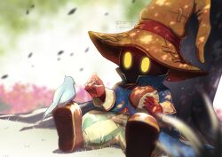 1boy absurdres artist_name bird bird_on_foot black_mage_(final_fantasy) blue_coat blurry blurry_foreground boots bread brown_boots coat final_fantasy final_fantasy_ix food full_body gloves glowing glowing_eyes hat highres holding holding_food male_focus pants red_gloves solo striped_clothes striped_pants tree under_tree vivi_ornitier watawata22 wizard_hat yellow_eyes