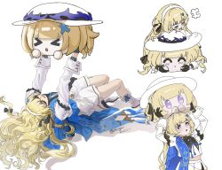 1girl black_gloves blonde_hair blue_sash boots curly_hair dated gloves hair_ornament hairband hat highres holding_cube long_hair lying minglu_(gululu) multiple_views on_back open_mouth phoebe_(wuthering_waves) purple_eyes sash shirt simple_background smile solo twitter_username white_background white_boots white_hairband white_hat white_shirt wuthering_waves x_hair_ornament