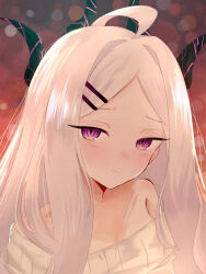 1girl ahoge blue_archive collarbone commentary_request demon_girl demon_horns demon_wings forehead hair_ornament hairclip hina_(blue_archive) horns long_hair long_sleeves looking_at_viewer off-shoulder_sweater off_shoulder parted_bangs portrait purple_hair ribbed_sweater sidelocks simple_background solo sweater takamalu08_12 wavy_hair white_hair wings
