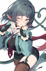 1girl absurdres animal_ears black_gloves black_necktie black_shorts blush closed_mouth commentary_request fingernails four-finger_heart_hands fur-trimmed_jacket fur_trim garter_straps gloves green_eyes green_hair green_jacket hair_intakes heart heart_hands heart_tail high-waist_shorts highres jacket jane_doe_(zenless_zone_zero) long_hair long_tail looking_at_viewer midriff mouse_ears mouse_girl mouse_tail nail_polish necktie one_eye_closed pantyhose red_nails ruaruayana shorts simple_background single_garter_strap single_leg_pantyhose single_thighhigh skindentation smile solo tail thighhighs thighs torn_clothes torn_pantyhose torn_thighhighs white_background zenless_zone_zero