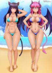 2girls :3 abs animal_ears anklet arm_behind_head arm_up barefoot beach bikini black_hair blue_bikini blush borrowed_character bracelet breasts cat_ears cat_girl cat_tail cleavage cloud collarbone commission covered_erect_nipples demon_girl demon_horns demon_tail demon_wings fang hands_on_own_hips heart horns jewelry large_breasts long_hair looking_at_viewer multicolored_hair multiple_girls navel ocean original pink_eyes pink_hair pointy_ears ponytail purple_hair sand sky smile standing streaked_hair swimsuit tail underboob water wings zel-sama