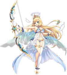 Rule 34 | 1girl, armpits, arrow (projectile), arthur (legend clover), artist request, asymmetrical legwear, blonde hair, blue eyes, blue panties, bow (weapon), breasts, crown, falling feathers, feathers, full body, game cg, highres, holding, holding arrow, legend clover, long hair, navel, official alternate costume, official art, panties, sideboob, third-party source, transparent background, underwear, weapon, white footwear, winged footwear