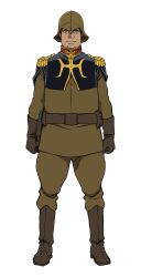 1boy belt boots brown_boots brown_gloves brown_helmet capelet dren_(gundam) epaulettes fat full_body gloves gundam gundam_gquuuuuux helmet highres holster jodhpurs looking_at_viewer male_focus military_uniform muscular official_art pants simple_background solo standing tan transparent_background zeon