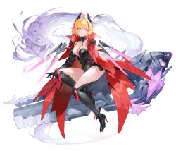 1girl absurdres blonde_hair breasts cleavage executive_red_hood_arabelle full_body guardian_tales highres horns large_breasts looking_at_viewer mechanical_arms mechanical_horns mechanical_legs medium_hair official_art pointy_ears red_eyes short_hair solo tagme weapon
