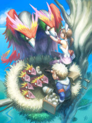1boy 1girl absurdres armband backpack bag bird blonde_hair breasts brown_eyes brown_hair case chopsticks cloud gloves hat highres holding in_nest jacket larva looking_at_another multiple_heads nest nishi nurse_cap open_mouth original outdoors pants ponytail profile river shirt short_hair sitting skirt sleeveless sleeveless_shirt smile thigh_strap tree white_gloves white_shirt