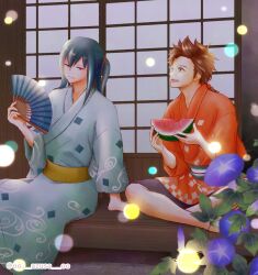 2boys azu_rin_go black_shorts blurry blurry_foreground bokujou_monogatari bokujou_monogatari:_mittsu_no_sato_no_taisetsuna_tomodachi brown_eyes brown_hair closed_mouth crossed_legs double-parted_bangs feet_out_of_frame flower food food_bite fruit glowing green_hair green_kimono hair_between_eyes hair_bobbles hair_ornament hair_ribbon hand_fan highres hinata_(bokujou_monogatari) holding holding_fan holding_food indian_style japanese_clothes jinbei_(clothes) kimono leaf long_hair long_sleeves looking_up male_focus morning_glory multiple_boys night obi open_mouth outdoors ponytail purple_flower rattail red_eyes red_ribbon ribbon sash shorts shouji side_part sidelocks sitting sliding_doors smile spiked_hair summer three-quarter_sleeves twitter_username veranda watermelon watermelon_slice wide-eyed wide_sleeves yuzuki_(bokujou_monogatari)