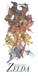 6+boys aiming arm_up arrow_(projectile) belt belt_buckle black_eyes black_gloves blonde_hair boots bottle bow_(weapon) brown_belt brown_boots brown_gloves brown_hair brown_shirt buckle chest_belt clenched_teeth closed_mouth commentary_request conductor_baton copyright_name fairy fingerless_gloves glass_bottle gloves green_hat green_tunic hat highres holding holding_baton holding_mask holding_shield holding_sword holding_weapon hylian_shield korean_commentary link long_pointy_ears long_sleeves looking_ahead looking_to_the_side male_focus mask master_sword multiple_boys navi nintendo open_mouth pantyhose parted_bangs pointy_ears princess_zelda pu_hegg purple_hair purple_hat purple_shirt purple_tunic red_hair red_hat scabbard sheath shield shirt sideways_glance simple_background smirk sword teeth the_legend_of_zelda the_legend_of_zelda:_a_link_to_the_past the_legend_of_zelda:_breath_of_the_wild the_legend_of_zelda:_four_swords the_legend_of_zelda:_majora&#039;s_mask the_legend_of_zelda:_ocarina_of_time the_legend_of_zelda:_twilight_princess tongue tunic upper_teeth_only v-shaped_eyebrows weapon white_background white_pantyhose wind_waker_(object)