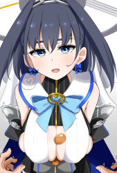 1boy 1girl absurdres black_tube_top blue_bow blue_hair bow bow_earrings breasts commentary_request donutman earrings halo heart highres hololive hololive_english jewelry large_breasts looking_at_viewer open_mouth ouro_kronii ouro_kronii_(1st_costume) paizuri penis shirt short_hair smile spoken_heart strapless tube_top virtual_youtuber white_shirt