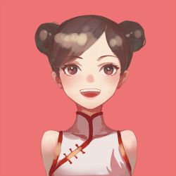 1girl bare_shoulders brown_eyes brown_hair chinese_clothes chinese_commentary commentary_request double_bun eyebrows female_focus hair_bun looking_at_viewer naruto_(series) nho_(316784766) ninja no_lineart open_mouth pink_background shirt simple_background sleeveless sleeveless_shirt solo teeth tenten_(naruto) toggles upper_body upper_teeth_only white_shirt