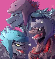 Rule 34 | blue eyes, claws, cosplay, costume switch, godzilla, godzilla: planet of the monsters, godzilla (2014), godzilla (cosplay), godzilla (monsterverse) (cosplay), godzilla (series), godzilla (shin), godzilla (shin) (cosplay), godzilla earth, godzilla earth (cosplay), halloween, halloween costume, hat, kaiju, legendary pictures, looking at viewer, monster, monsterverse, no humans, open mouth, pink background, polygon pictures, sharp teeth, shin godzilla, spikes, teeth, toho, tongue, tsk03, yellow eyes