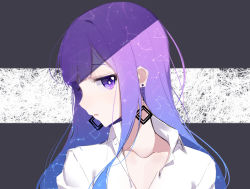 1girl blunt_bangs capricorn_(constellation) collarbone collared_shirt constellation_print dress_shirt earrings female_focus jewelry libra_(constellation) looking_at_viewer original parted_lips pisces_(constellation) profile purple_eyes purple_hair shade shirt solo space_print starry_sky_print the_cold upper_body virgo_(constellation) white_shirt