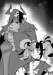 1boy 1girl armor bow choker clinickcase cloak commentary fake_horns fate/grand_order fate_(series) greyscale hair_bow height_difference helmet highres hood hooded_cloak horned_helmet horns king_hassan_(fate) mask monochrome multicolored_hair sailor_collar school_uniform sei_shounagon_(fate) sei_shounagon_(first_ascension)_(fate) serafuku shoulder_spikes signature skull_mask smile spikes sword twintails weapon