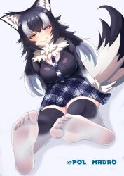 1girl absurdres animal_ears between_breasts black_hair blue_eyes blush breasts feet foot_focus fur_collar gloves grey_wolf_(kemono_friends) heterochromia highres kemono_friends large_breasts long_hair long_sleeves looking_at_viewer multicolored_hair necktie necktie_between_breasts poru_(tohopunk) skirt smile solo tail two-tone_hair white_hair wolf_ears wolf_girl wolf_tail yellow_eyes