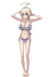 Rule 34 | 1girl, arc system works, armpits, arms behind head, barefoot, bikini, blazblue, blonde hair, blue eyes, braid, braided ponytail, breasts, bursting breasts, es (xblaze), feet, highres, large breasts, legs, long hair, looking back, navel, parted lips, seductive gaze, sideboob, solo, stomach tattoo, striped bikini, striped clothes, swimsuit, tattoo, thighs