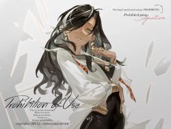 Rule 34 | 1girl, artist request, bangle, black hair, bracelet, centurion (reverse:1999), dark-skinned female, dark skin, earrings, english text, hair over one eye, jewelry, long hair, looking at viewer, multicolored hair, reverse:1999, ring, shirt, solo, streaked hair, two-tone hair, white hair, white shirt, yellow eyes