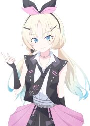Rule 34 | 1girl, black hairband, black necktie, bow hairband, closed mouth, commentary, earrings, hair ornament, hairband, highres, i do me! (love live!), jacket, jewelry, junnatsu, link! like! love live!, looking at viewer, love live!, low twintails, necktie, official alternate costume, official alternate hairstyle, open clothes, open jacket, osawa rurino, pink skirt, shirt, simple background, single earring, skirt, sleeveless, sleeveless jacket, sleeveless shirt, smile, solo, split mouth, twintails, virtual youtuber, white background, white shirt, x hair ornament