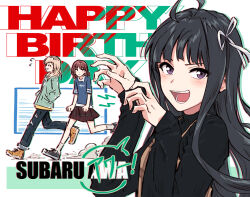 3girls :d ^_^ ahoge awa_subaru black_hair black_shoes black_sweater blonde_hair blue_pants blue_shirt blush brown_dress brown_hair bullfalk character_name claw_pose clenched_hands closed_eyes collared_shirt commentary_request denim dress dust_cloud english_text frown girls_band_cry green_hoodie grey_socks grin hair_ribbon hands_in_pockets happy_birthday highres hood hoodie iseri_nina jeans kawaragi_momoka long_hair long_sleeves looking_at_another looking_at_viewer looking_to_the_side low_twintails medium_hair multiple_girls open_mouth orange_shoes overshirt pants pinafore_dress plaid_clothes plaid_skirt pleated_skirt purple_eyes raised_eyebrow red_skirt ribbon running shirt shoes short_twintails shout_lines sidelocks skirt sleeveless sleeveless_dress sleeves_past_wrists smile sneakers socks solo_focus straight_hair sweatdrop sweater teeth torn_clothes torn_pants twintails v-shaped_eyebrows white_background white_ribbon white_shirt