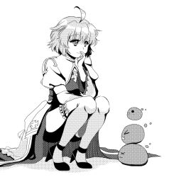 1girl ahoge arch_bishop_(ragnarok_online) closed_mouth commentary_request cross dress frilled_thighhighs frills full_body greyscale high_heels highres juliet_sleeves long_sleeves monochrome poring puffy_sleeves ragnarok_online sasamuke_pika shoes short_hair simple_background slime_(creature) smile solo squatting thighhighs two-tone_dress