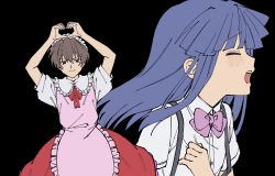 1boy 1girl apron arms_up black_background blue_hair bow brown_eyes brown_hair closed_eyes closed_mouth collared_shirt dress_shirt floating_hair frilled_apron frills furude_rika hair_between_eyes heart heart_hands highres higurashi_no_naku_koro_ni long_hair long_skirt looking_at_viewer lovestruck maebara_keiichi nishino_(fetv8484) open_mouth pink_apron pink_bow red_skirt shirt short_hair short_sleeves simple_background sketch skirt straight_hair suspenders white_shirt wing_collar