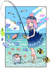 1girl barefoot beret bird blue_dress blue_hat blue_sky bow bowtie bucket candy_hair_ornament crescent crescent_print donut dress dress_bow female_focus fish fishing fishing_line fishing_rod food food-themed_hair_ornament gradient_hair green_eyes hair_ornament hairclip hat heterochromia highres himemori_luna himemori_luna_(sundress) holding hololive icing jewelry looking_at_viewer medium_hair moon_(symbol) moon_print multicolored_hair necklace ocean octopus off-shoulder_dress off_shoulder official_alternate_costume official_alternate_hairstyle pink_hair purple_eyes ribbon sailor_collar sailor_dress seagull sky sleeveless sleeveless_dress solo star_(symbol) star_print striped_ribbon uzumakiosushi virtual_youtuber waves white_bow white_bowtie