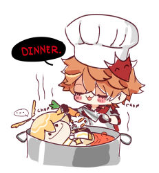 ... 2boys :3 aether_(genshin_impact) apron black_gloves blonde_hair blush cannibalism carrot chibi chopping closed_eyes closed_mouth cooking cooking_pot dinner earrings english_text eyelashes food genshin_impact gloves hair_between_eyes holding holding_carrot holding_knife jewelry kitchen_knife knife male_focus mask mask_on_head multiple_boys orange_hair red_mask red_shirt redbeanegg shirt simple_background smile sound_effects soup sparkle speech_bubble tartaglia_(genshin_impact) tassel tassel_earrings white_apron white_background