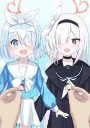+_+ 1other 2girls absurdres arona_(blue_archive) black_choker black_eyes black_hairband black_jacket black_sailor_collar black_serafuku black_shirt black_skirt blue_archive blue_eyes blue_hair blue_shirt blush bow choker colored_inner_hair commentary_request cowboy_shot drooling feeding food gabuoji hair_bow hair_over_one_eye hairband halo happy heart heart_halo highres holding holding_spoon jacket long_hair mouth_drool multicolored_hair multiple_girls neckerchief open_mouth pink_hair plana_(blue_archive) pov pov_hands pudding sailor_collar school_uniform sensei_(blue_archive) serafuku shirt short_hair skirt smile sparkling_eyes spoon swept_bangs teeth two-tone_hair upper_teeth_only very_long_hair white_bow white_choker white_hair white_hairband white_neckerchief white_sailor_collar white_skirt