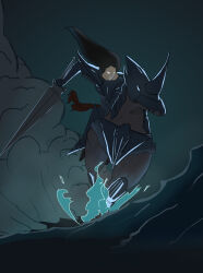 1boy armor barding black_hair glowing glowing_eyes holding holding_lance holding_polearm holding_weapon horse horseback_riding lance leomord_(mobile_legends) long_hair male_focus mobile_legends:_bang_bang polearm riding solo tagme weapon