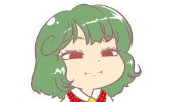 1girl :d ascot blush_stickers chibi collared_shirt green_hair gyate_gyate jaggy_lines kazami_yuuka medium_hair meme no_pupils open_mouth plaid_clothes plaid_vest portrait puckered_lips red_eyes red_vest shirt smile solo touhou transparent_background vest yellow_ascot yklvr