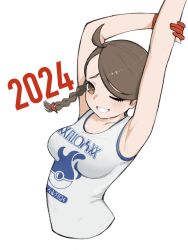 Rule 34 | 1girl, 2024, ahoge, alternate costume, armpits, arms up, braid, breasts, brown eyes, brown hair, commentary request, eyelashes, gloves, grin, highres, juliana (pokemon), medium breasts, nintendo, one eye closed, partially fingerless gloves, pokemon, pokemon sv, raised eyebrows, red gloves, shirt, sleeveless, sleeveless shirt, smile, solo, stretching, tank top, teeth, tsuneshima, upper body, white background