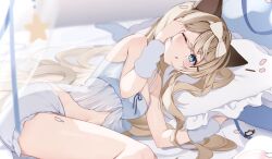 1girl animal_ears babydoll bare_shoulders blonde_hair bloomers blue_eyes bow breasts cat_ears cat_tail commission hair_bow highres hinagikumonnme long_hair looking_at_viewer lying navel on_side one_eye_closed original parted_lips pillow skeb_commission small_breasts solo tail thighs underwear white_bloomers