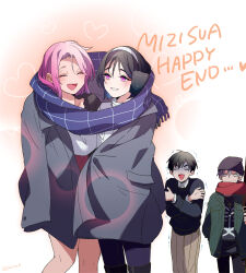 2boys 2girls alien_stage alternate_costume beanie black_hat black_shirt black_sweater blue_scarf closed_eyes coat collared_shirt commentary english_commentary english_text green_jacket grey_coat hairband hat heart ivan_(alien_stage) jacket long_hair mizi_(alien_stage) multiple_boys multiple_girls pink_hair plaid_clothes plaid_scarf purple_eyes red_scarf sazare_(sazozo0) scarf shared_clothes shared_coat shared_scarf shirt sua_(alien_stage) sweater till_(alien_stage) white_hairband white_shirt