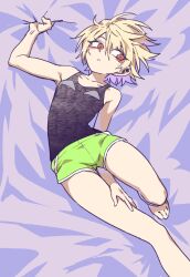 1boy androgynous arm_behind_back barefoot between_legs bishounen black_tank_top blonde_hair dakimakura_(medium) dolphin_shorts eyeliner green_shorts hand_between_legs high_school_boy highres hong_iltak looking_to_the_side makeup male_focus male_with_breasts on_bed parkgee red_eyeliner red_eyes sanpaku short_hair short_shorts shorts solo tank_top trap