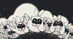 &gt;_&lt; 6+others :&gt; :&lt; adarin bird black_background chromatic_aberration cloak closed_eyes feathers grass highres holding holding_lantern hololive hololive_english hood hood_up hooded_cloak hooman_(nanashi_mumei) lantern light_particles multiple_others mumei_(song)_(hololive) owl ribbon virtual_youtuber
