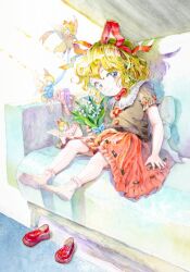 4girls black_shirt black_skirt blonde_hair blue_eyes blush bouquet bow bubble_skirt closed_eyes couch fairy_wings flower frilled_shirt_collar frilled_skirt frilled_socks frills holding holding_bouquet legs letter lily_of_the_valley medicine_day medicine_melancholy medinki mini_person minigirl multiple_girls on_couch open_mouth painting_(medium) puffy_short_sleeves puffy_sleeves red_bow red_ribbon red_shirt red_skirt ribbon shirt short_hair short_sleeves sitting skirt smile socks su-san touhou traditional_media watercolor_(medium) white_socks wings