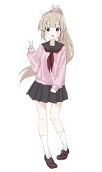 1girl black_sailor_collar black_skirt blonde_hair blush brown_shoes fang full_body hair_ornament highres long_hair long_sleeves looking_at_viewer natori_sana natori_sana_(school_uniform) neckerchief open_mouth pink_shirt ponytail rabbit_hair_ornament red_eyes red_neckerchief sailor_collar sana_channel sanz_zzz school_uniform serafuku shirt shoes simple_background skin_fang skirt socks solo virtual_youtuber white_background white_socks
