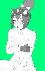 1girl :o absurdres animal_ears blush bow breasts commentary_request completely_nude covering_breasts covering_crotch covering_privates fake_animal_ears fingerless_gloves fox_ears fox_mask gloves green_eyes greyscale_with_colored_background hair_bow half_mask high_ponytail highres kiriko_(overwatch) mask mask_on_head medium_breasts mishislover nude open_mouth overwatch ponytail raised_eyebrows single_fingerless_glove sitting solo spanish_commentary sweat
