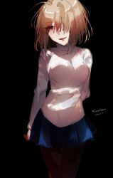 1girl absurdres arcueid_brunestud arms_behind_back black_background blood blood_on_hands breasts floating_hair hair_over_one_eye highres jewelry large_breasts looking_at_viewer necklace pantyhose red_eyes skirt smile sungoidekame sweater tsukihime tsukihime_(remake) turtleneck turtleneck_sweater